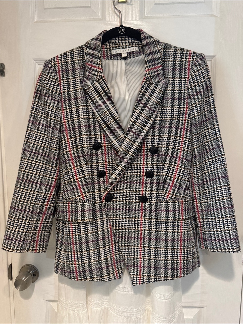Veronica Beard Black, White & Red Plaid Double-Breasted Dickey Blazer